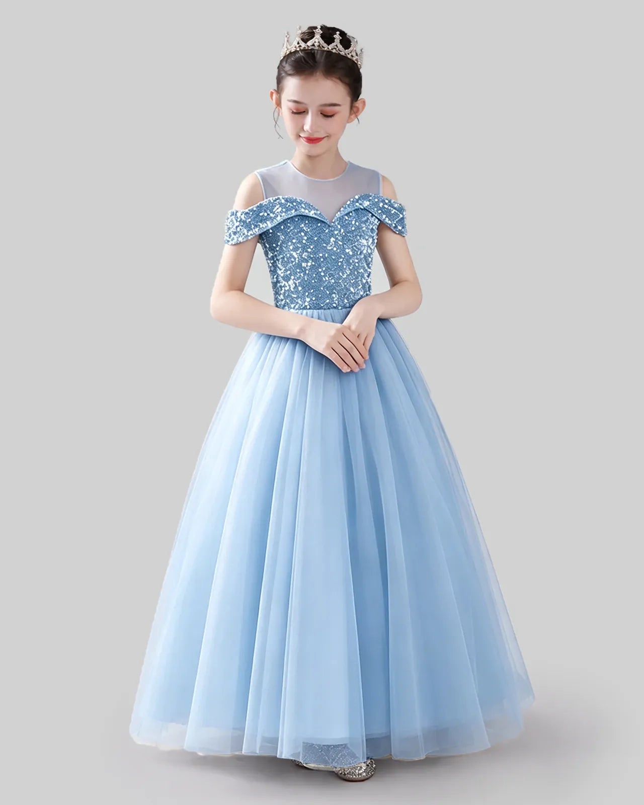 Baby Blue Sequin Tulle A-Line Girls Formal Dresses Front View