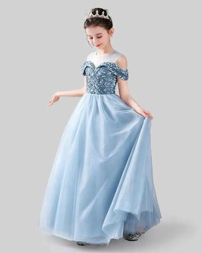Baby Blue Sequins Tulle Cold-Shoulder A-Line Girls Formal Dresses Side View