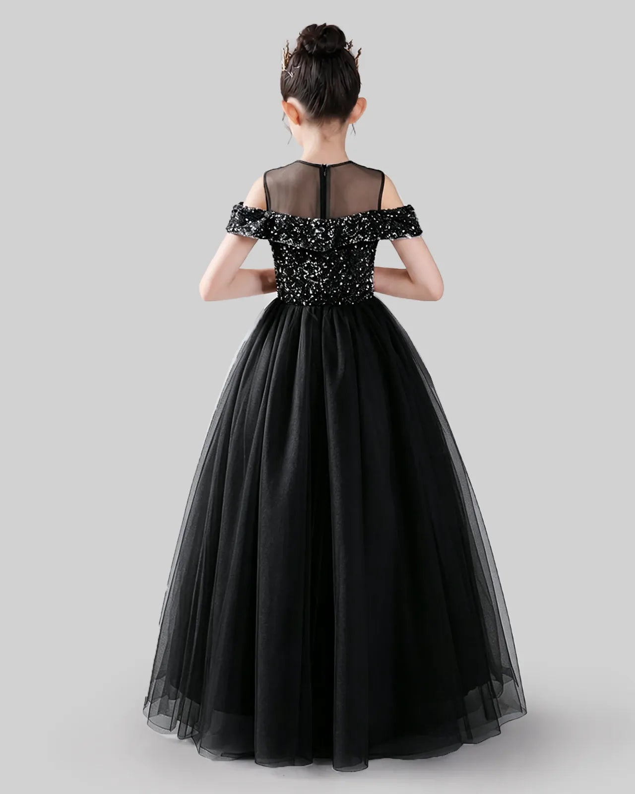 Black Sequins and Tulle Off-Shoulder Ball Gown Girls Formal Dresses Back View