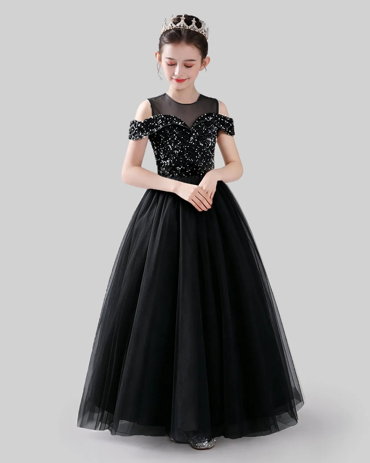 Black sequin and tulle cold shoulder ball gown girls formal dress front view