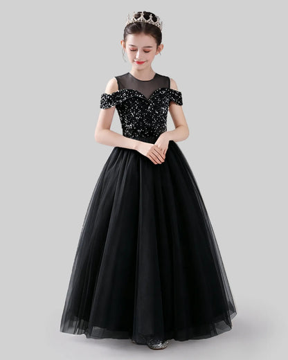 Black sequin and tulle cold shoulder ball gown girls formal dress front view