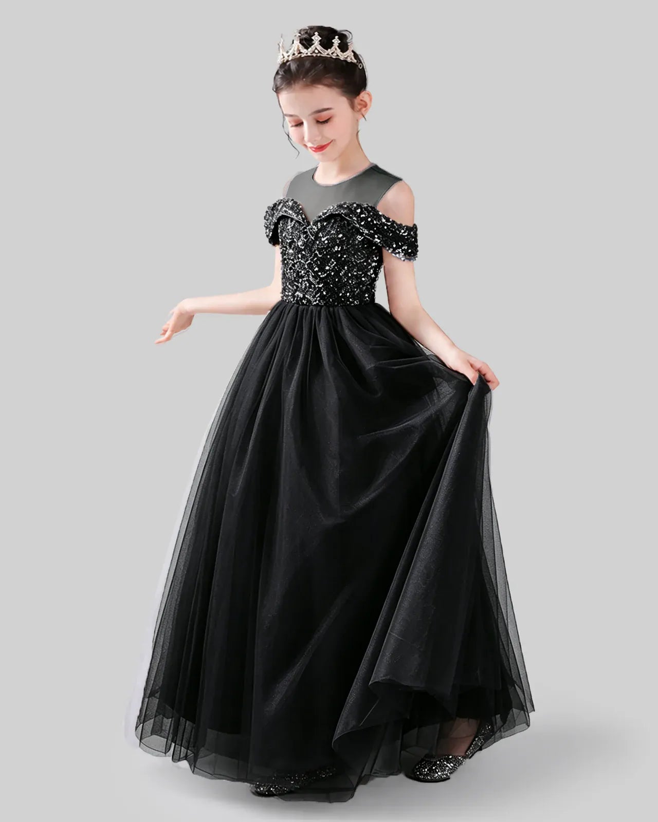 Black sequin tulle off-shoulder girls formal dress Side View