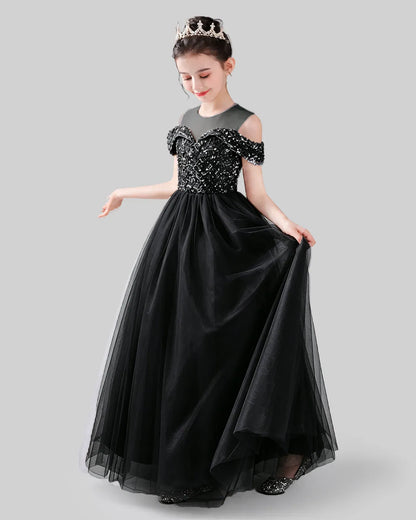 Black sequin tulle off-shoulder girls formal dress Side View