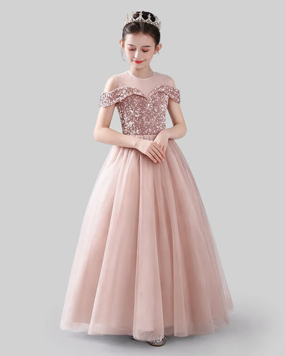 Blush Pink Sequins and Tulle Off-The-Shoulder Girls Formal Dresses