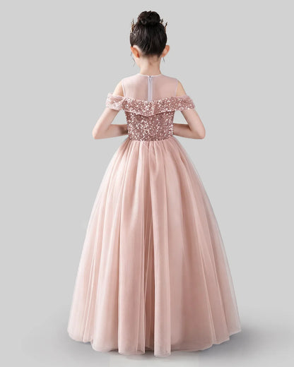 Blush Pink Sequin and Tulle Cold Shoulder A-Line Girls Formal Dresses Back View