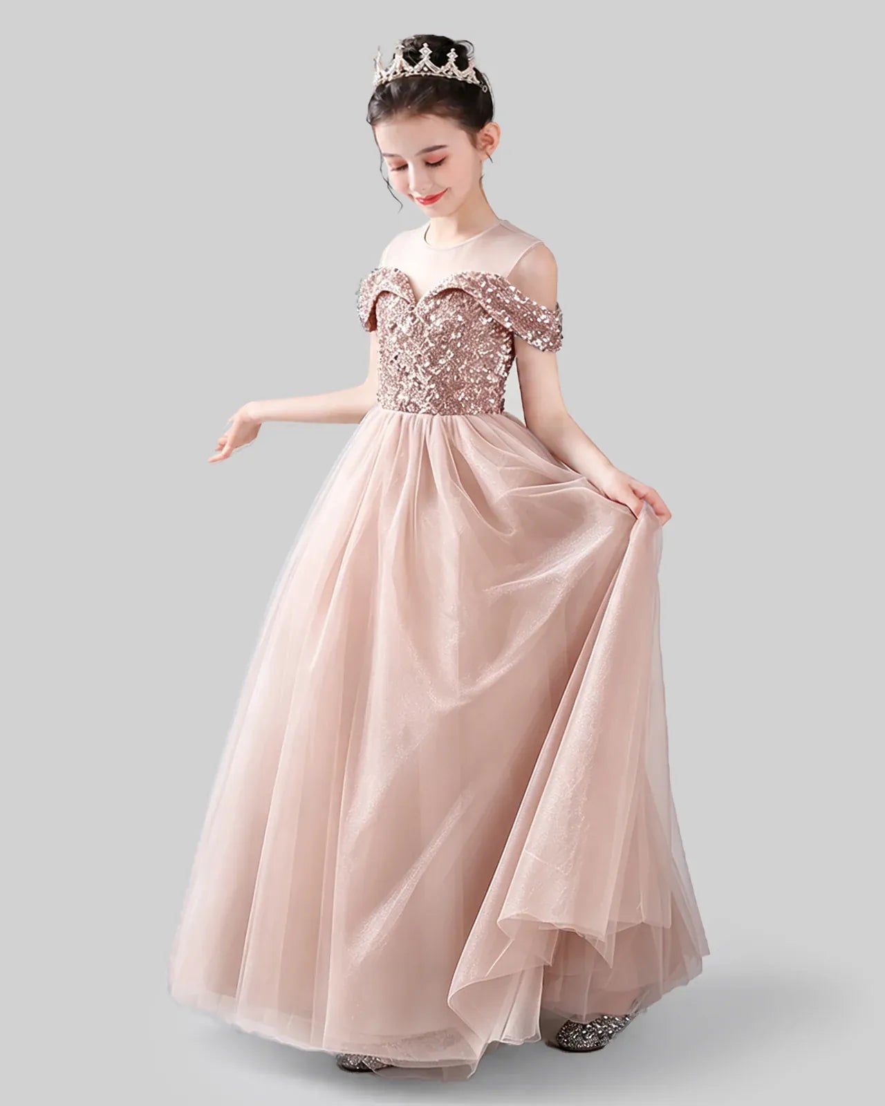 Blush Pink Sequin Tulle A-Line Girls Formal Dresses Side View