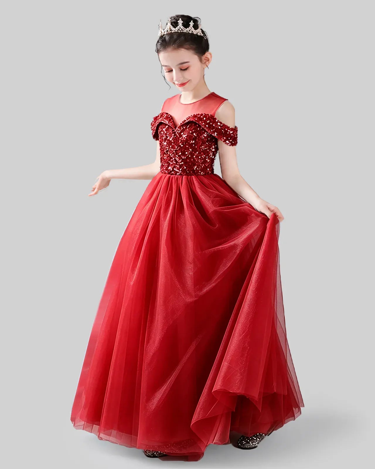Burgundy Sequin Tulle Cold Shoulder A-Line Girls Formal Dresses