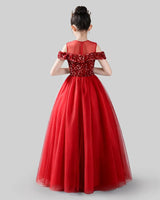 Burgundy Sequins Tulle Off-Shoulder Ball Gown Girls Formal Dresses Back View