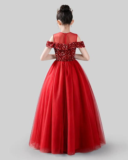 Burgundy Sequins Tulle Off-Shoulder Ball Gown Girls Formal Dresses Back View