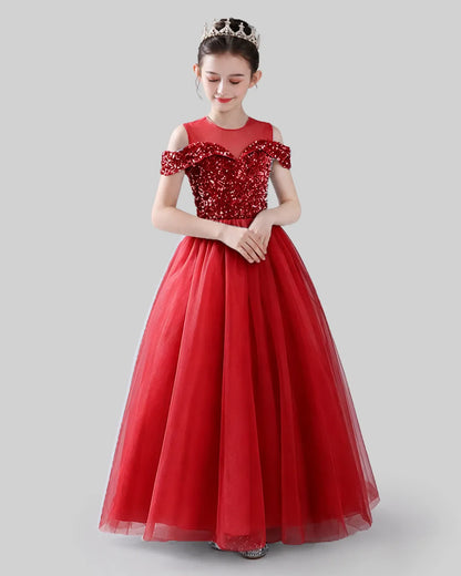 Burgundy Sequin Tulle Cold Shoulder Girls Formal Dresses Front View