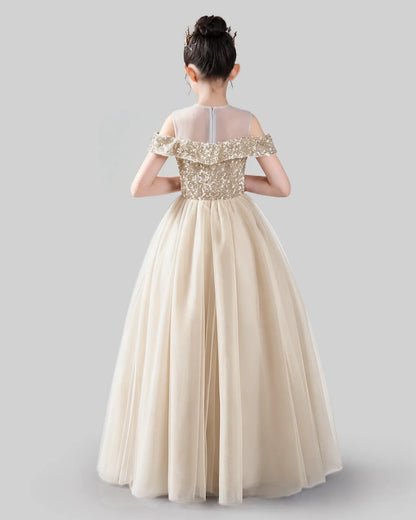 Champagne Sequins Tulle Off-Shoulder Ball Gown Girls Formal Dresses Back View