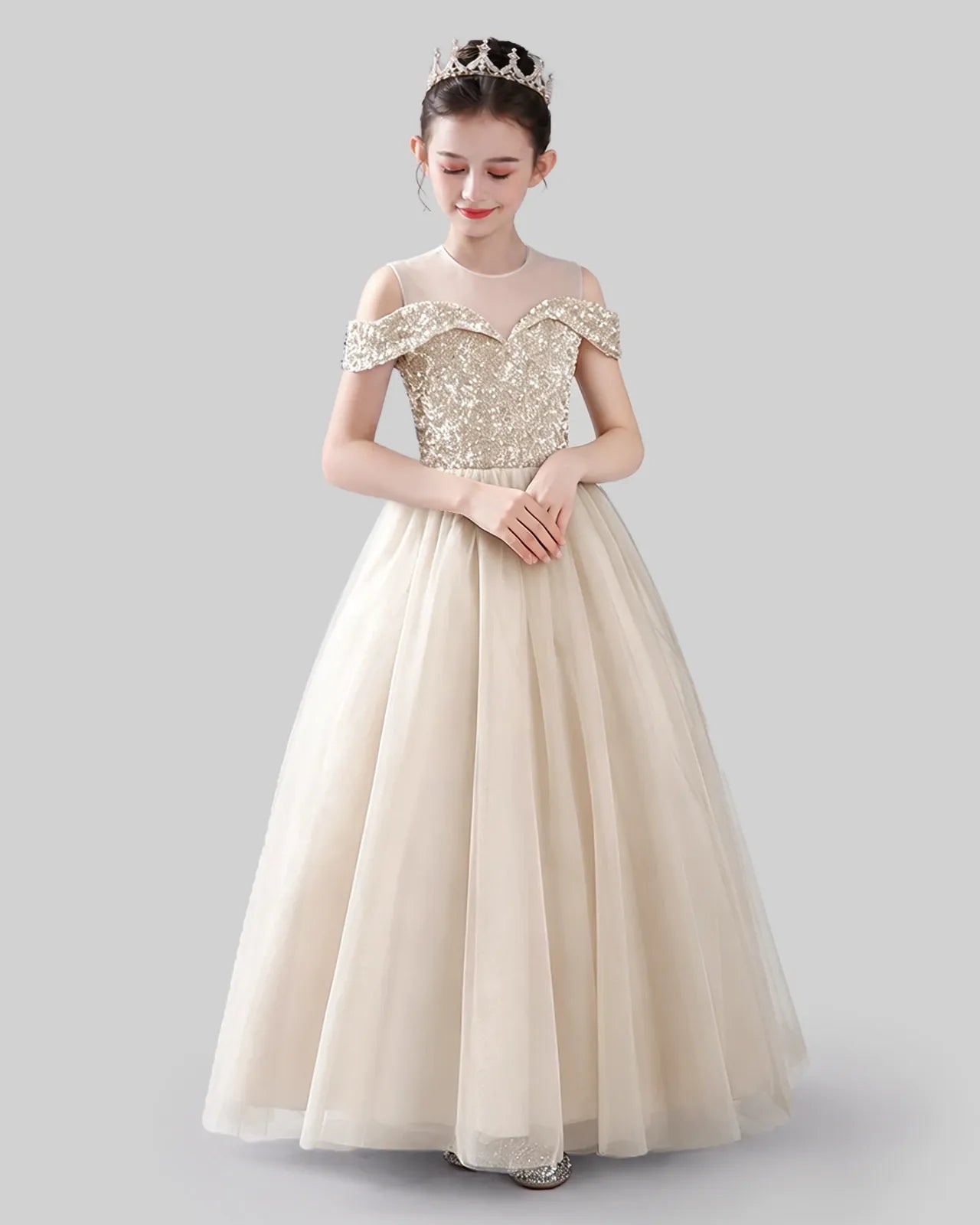 Champagne Sequin and Tulle Off-Shoulder A-Line Girls Formal Dresses Front View