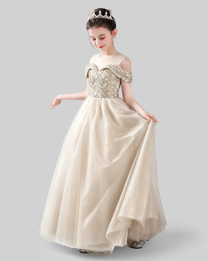 Champagne Sequin and Tulle Cold Shoulder A-Line Girls Formal Dresses Side View