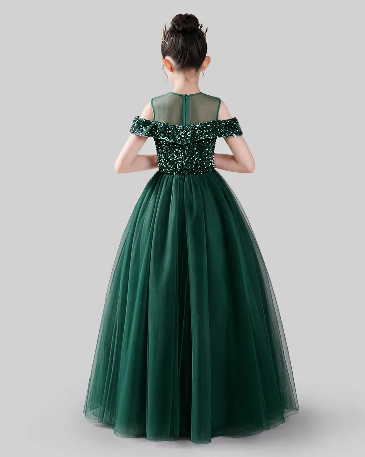 Dark Green Sequins and Tulle A-Line Girls Formal Dresses Back View
