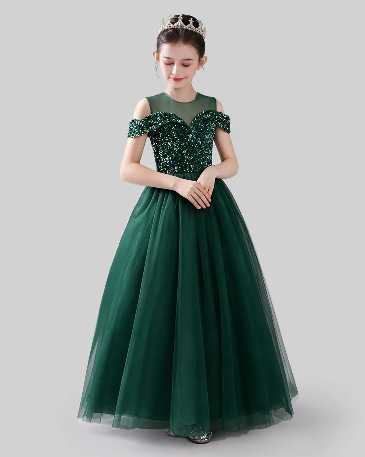 Dark Green Sequins Tulle Off-Shoulder Girls Formal Dresses Front View