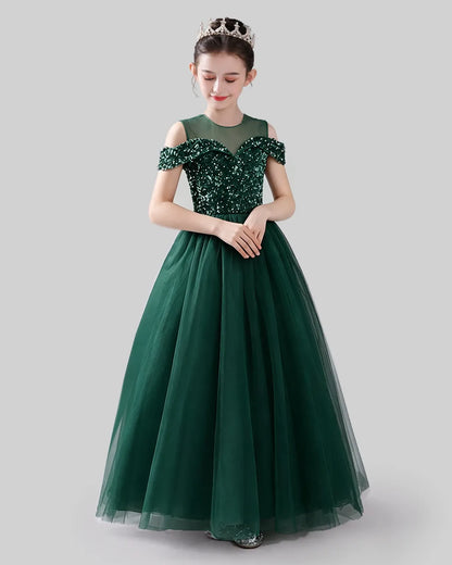 Dark Green Sequins Tulle Off-Shoulder Girls Formal Dresses Front View