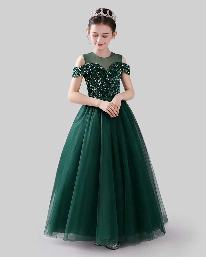 Dark Green Sequins Tulle Off-Shoulder Girls Formal Dresses Front View