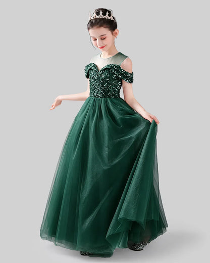 Dark Green Sequins Tulle Off-Shoulder Girls Formal Dresses Side View