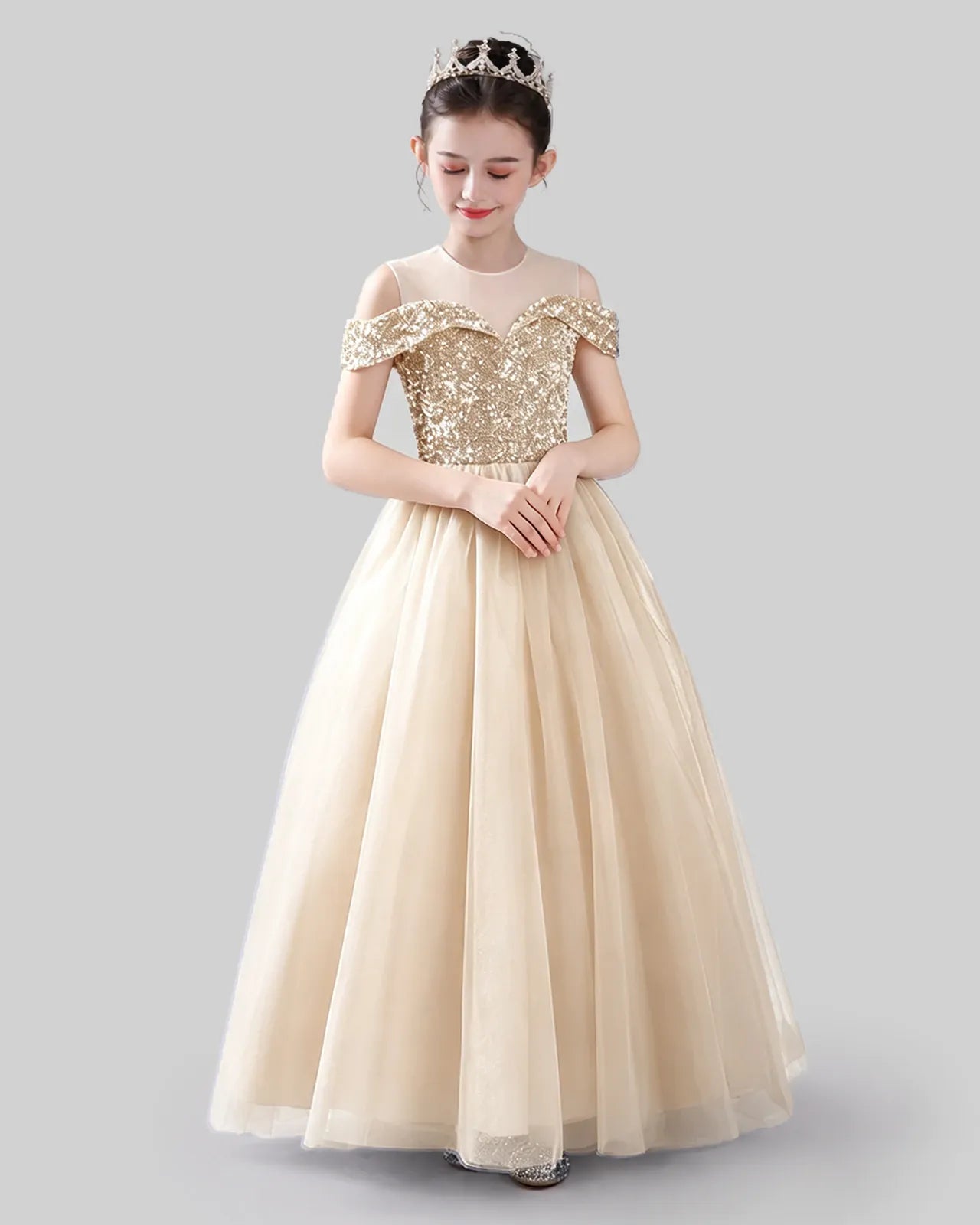 Gold sequin and tulle off-shoulder ball gown girls formal dress, Front View