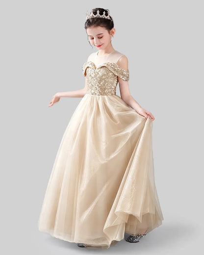 Gold sequin and tulle off-shoulder ball gown girls formal dress, side view