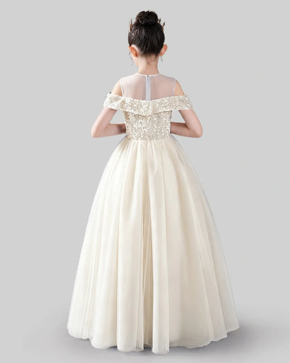 Ivory Sequin and Tulle Off-Shoulder Ball Gown Girls Formal Dresses Back View