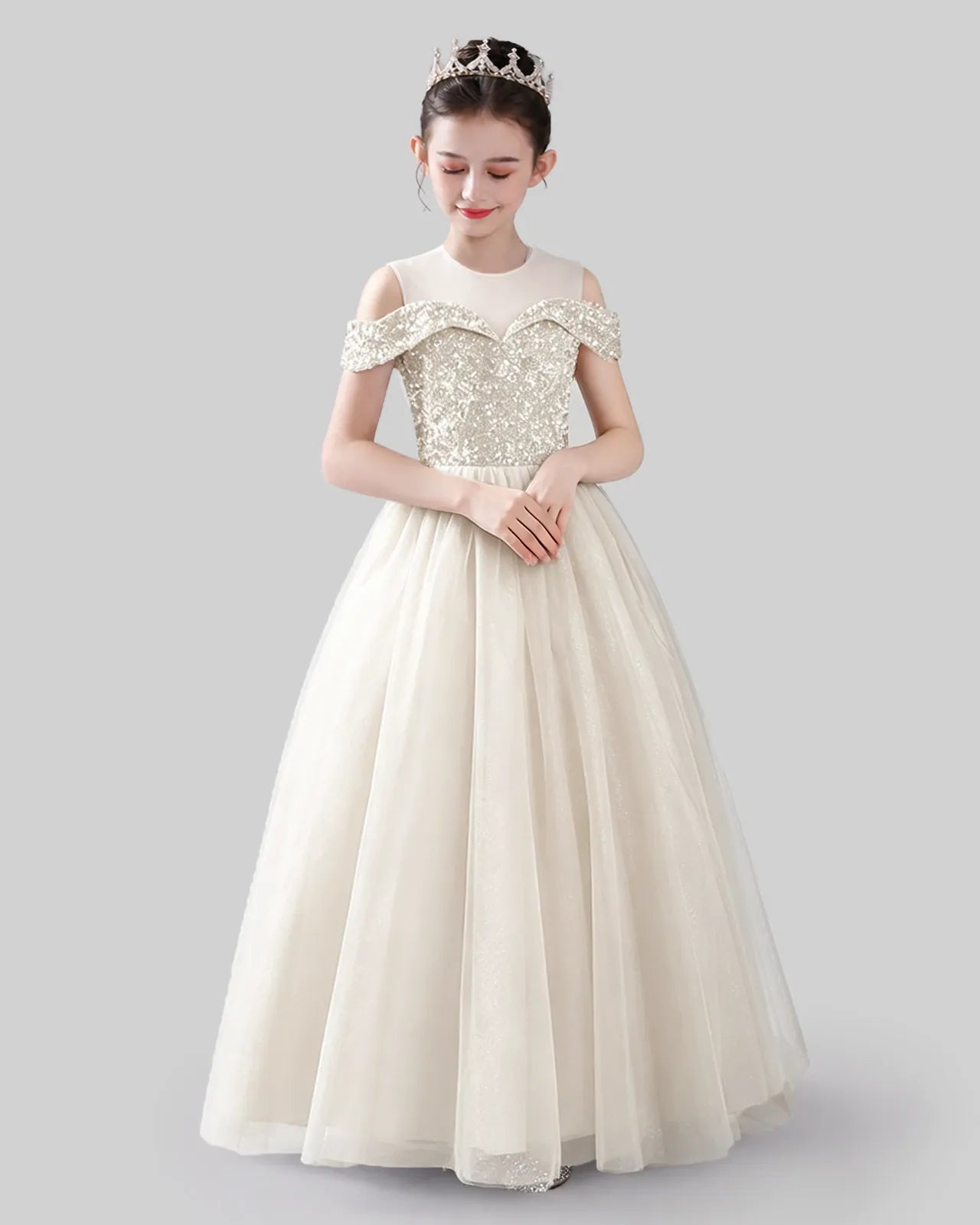 Ivory sequin and tulle cold shoulder ball gown girls formal dresses front view