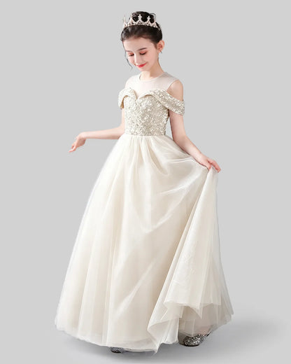 Ivory Sequins Tulle Off-The-Shoulder Girls Formal Dresses Side View