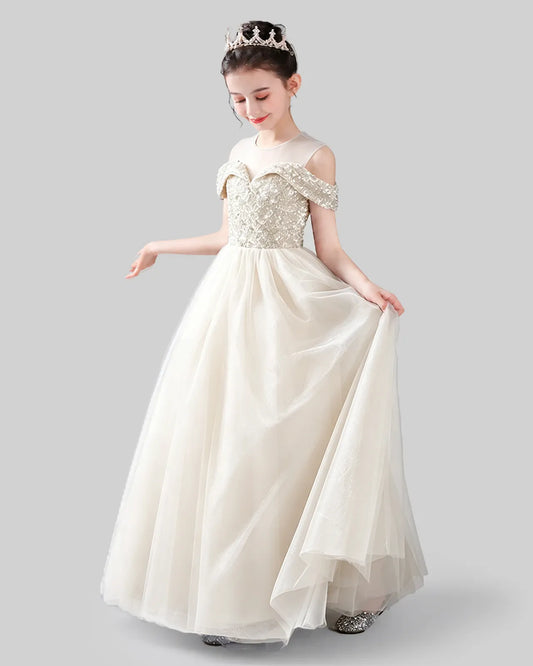 Ivory Sequins Tulle Off-The-Shoulder Girls Formal Dresses Side View