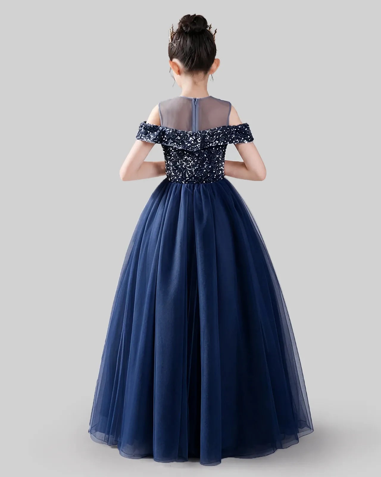 Navy Blue Sequins Tulle Off-Shoulder Ball Gown Girls Formal Dresses Back View