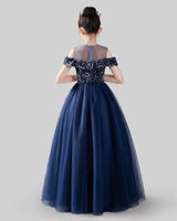 Navy Blue Sequins Tulle Off-Shoulder Ball Gown Girls Formal Dresses Back View