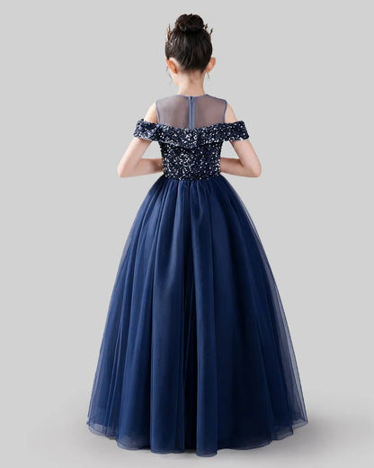 Navy Blue Sequins Tulle Off-Shoulder Ball Gown Girls Formal Dresses Back View