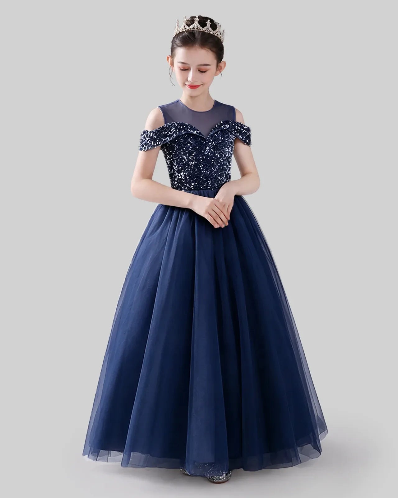Navy Blue Sequin and Tulle Cold Shoulder A-Line Dress Girls Formal Dresses Front View