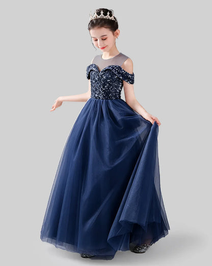 Navy Blue Sequins Tulle Cold Shoulder A-Line Girls Formal Dresses Side View