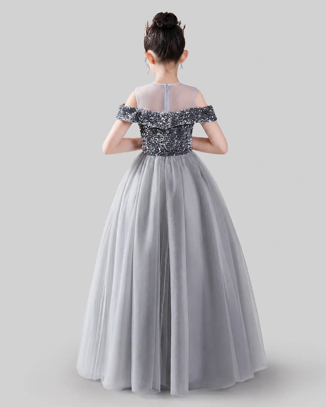 Silver Sequin and Tulle Off-Shoulder Ball Gown Girls Formal Dresses Back View