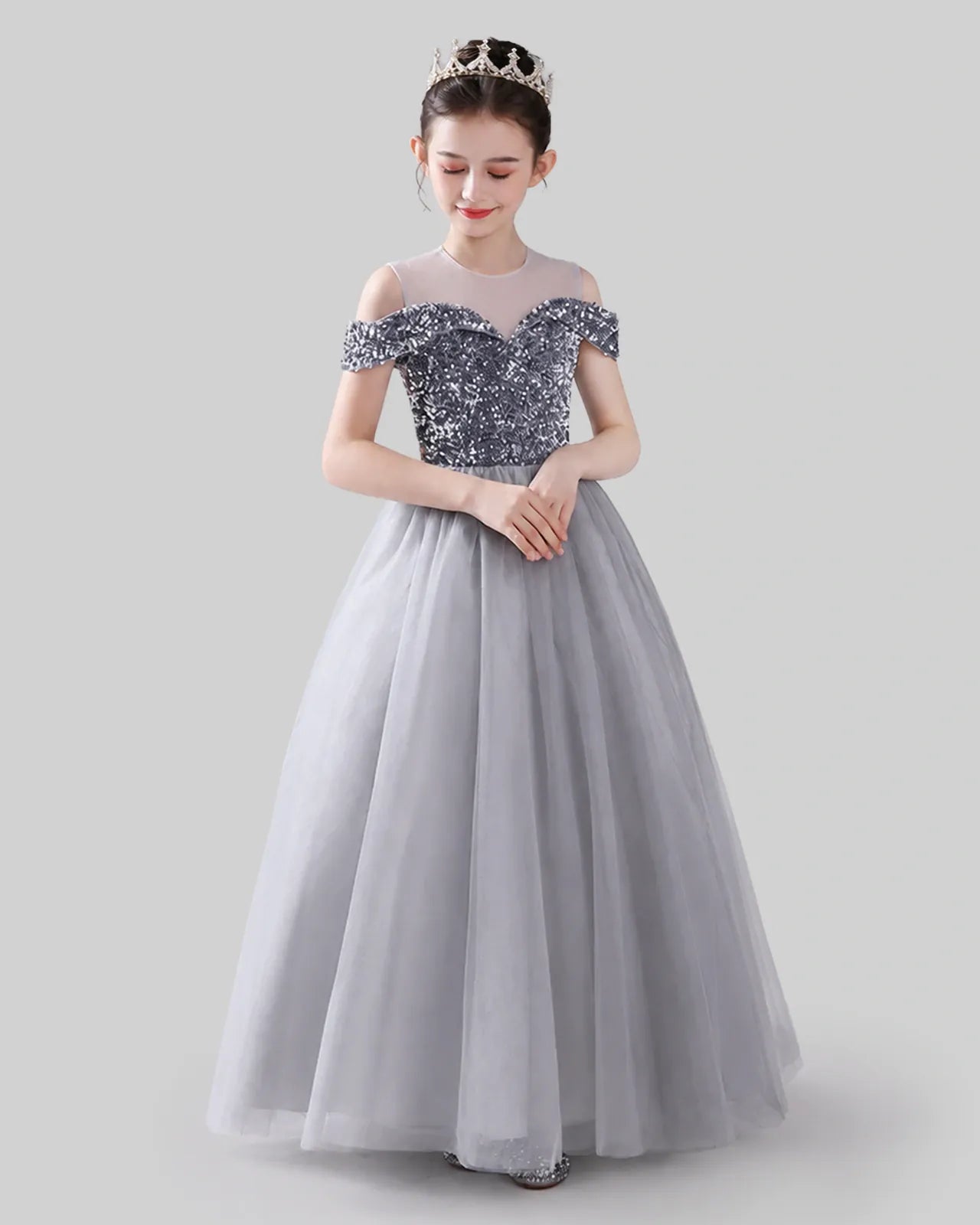 Silver Sequins Tulle Off-Shoulder Girls Formal Dresses Front View