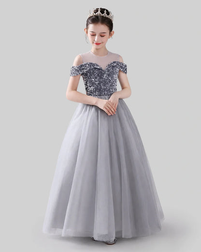 Silver Sequins Tulle Off-Shoulder Girls Formal Dresses Front View