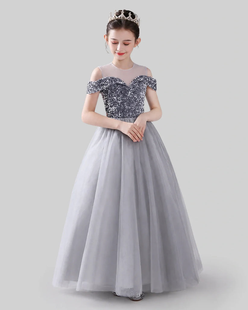 Silver Sequins Tulle Off-Shoulder Girls Formal Dresses Front View