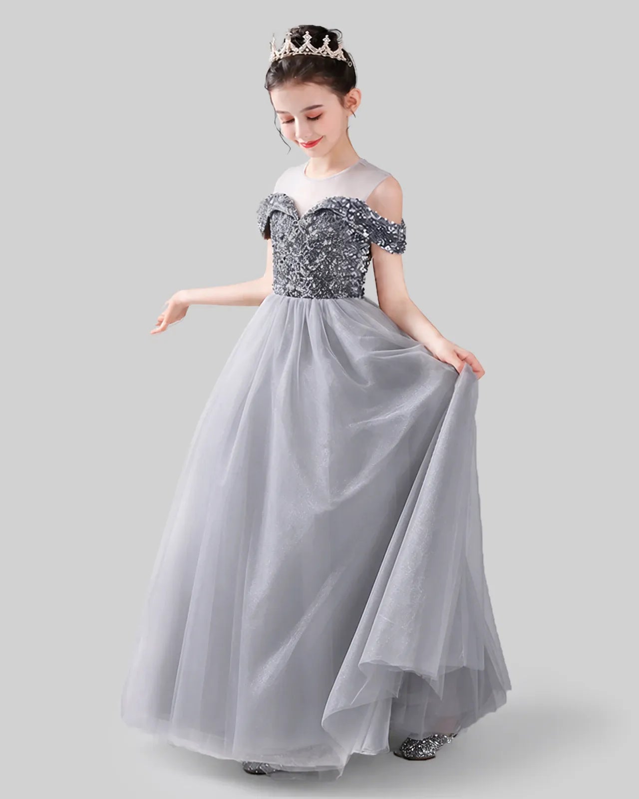 Silver Sequins Tulle Off-Shoulder A-Line Girls Formal Dresses Side View