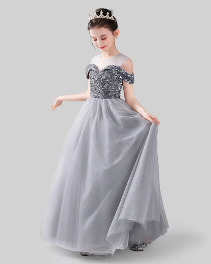 Silver Sequins Tulle Off-Shoulder A-Line Girls Formal Dresses Side View