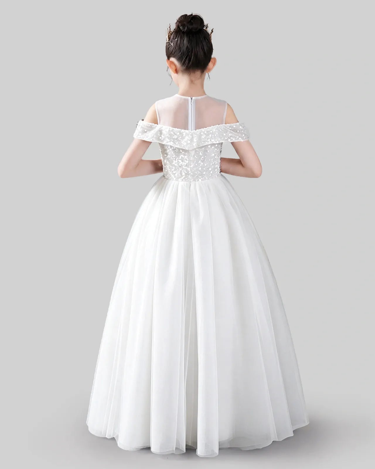 White sequin and tulle off-shoulder ball gown girls formal dresses, back view