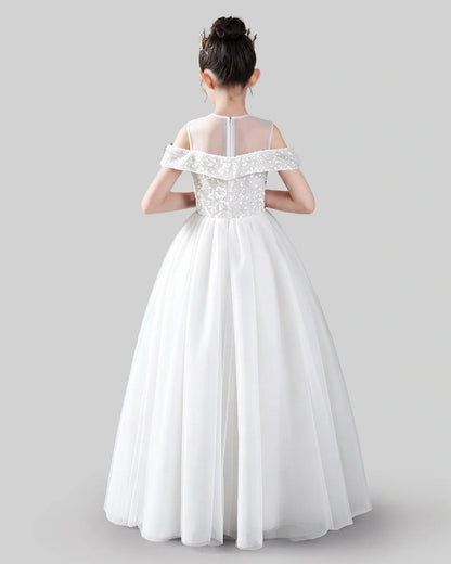White sequin and tulle off-shoulder ball gown girls formal dresses, back view