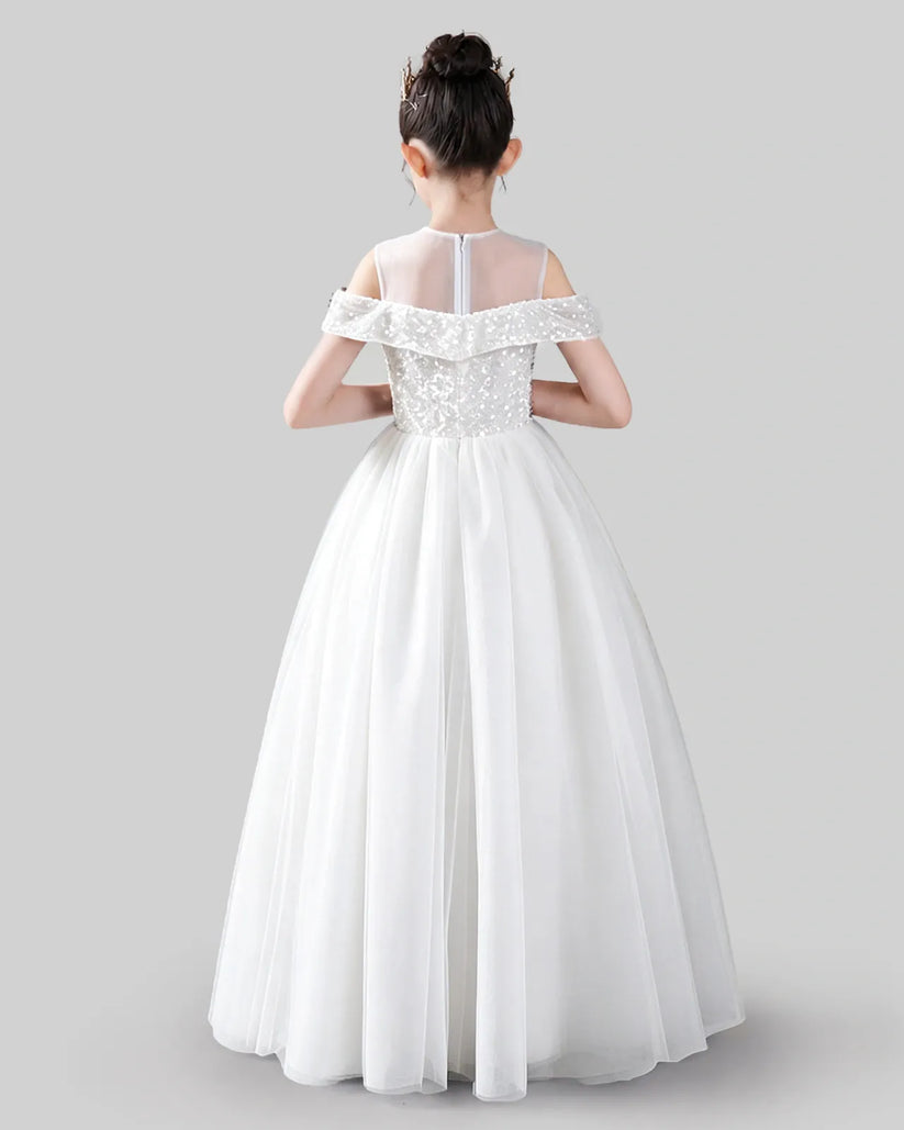 White sequin and tulle off-shoulder ball gown girls formal dresses, back view