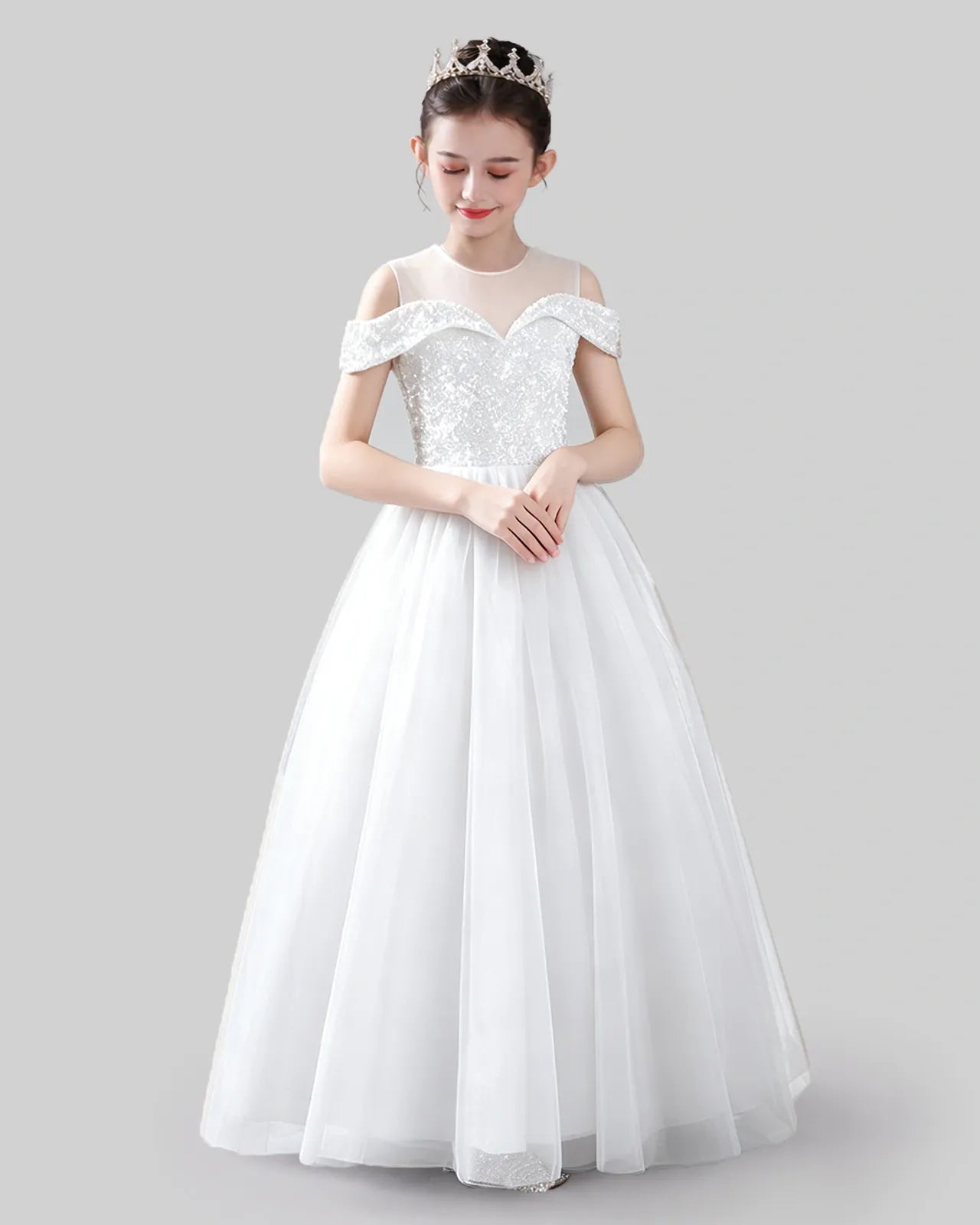 White Tulle Sequin Cold Shoulder A-Line Girls Formal Dresses Front View