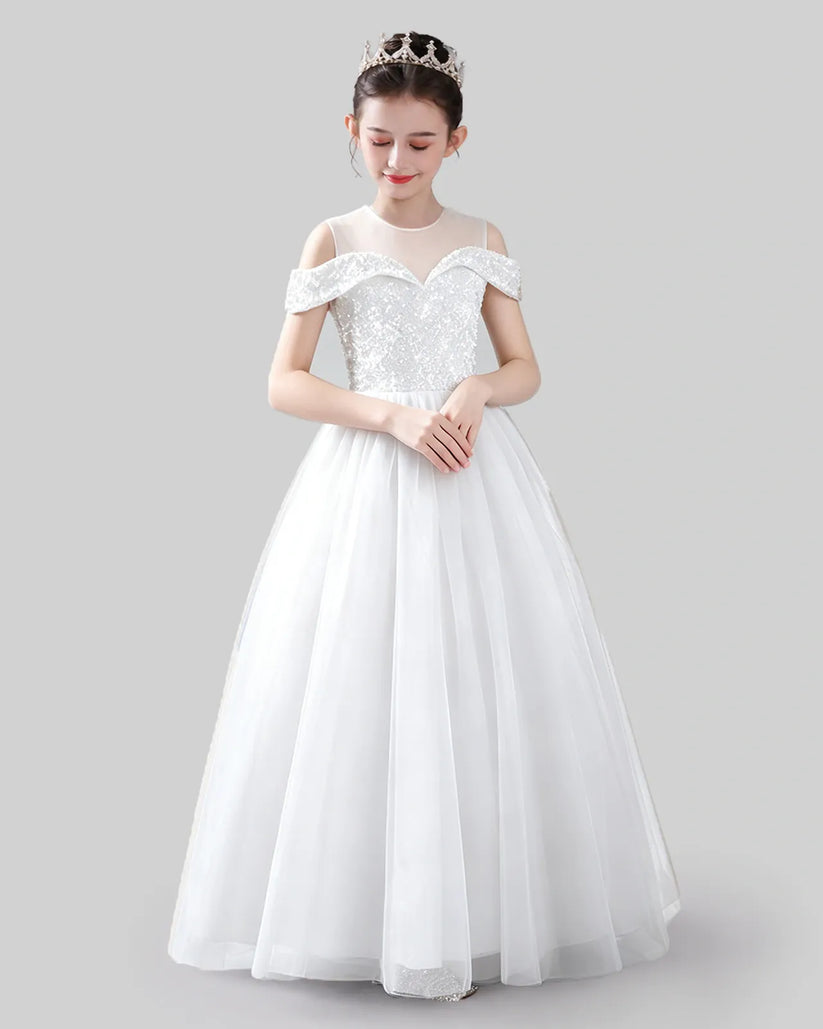 White Tulle Sequin Cold Shoulder A-Line Girls Formal Dresses Front View