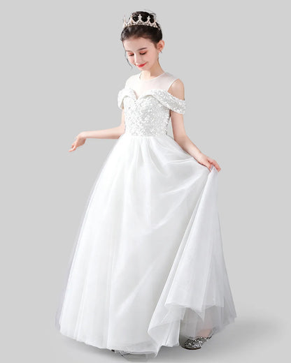 White Tulle Off Shoulder Dress Girls Formal Dresses Side View