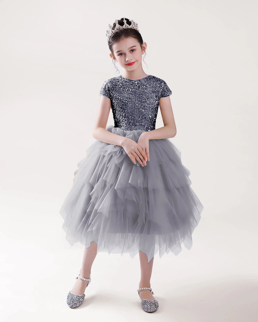 Silver Tulle Ball Gown Girls Formal Dress Front View