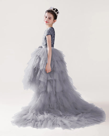 Silver Tulle Ball Gown Girls Formal Dress Side View
