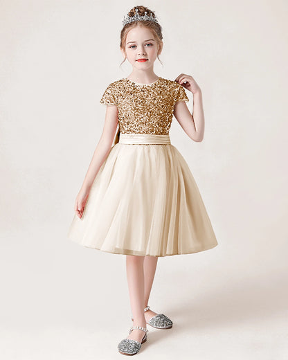 Champagne Tulle A-line Girls Formal Dress Front View