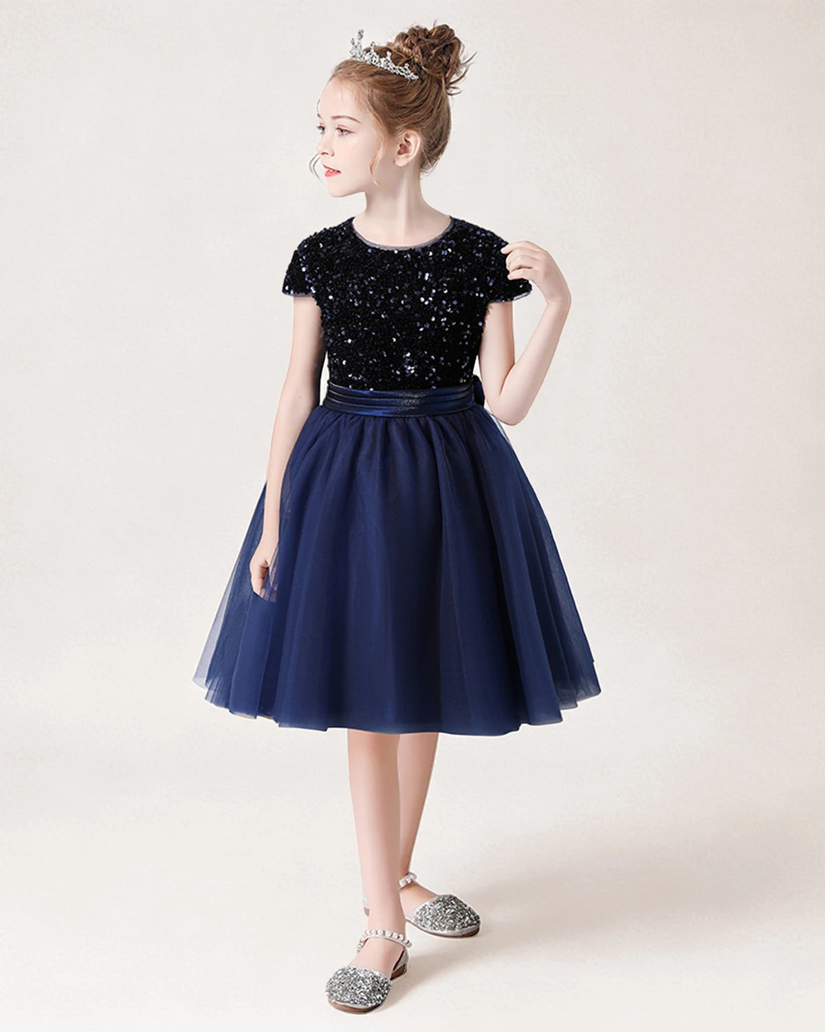 Navy Blue Tulle A-line Girls Formal Dress Side View