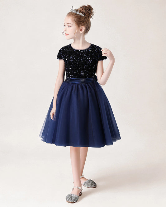 Navy Blue Tulle A-line Girls Formal Dress Side View